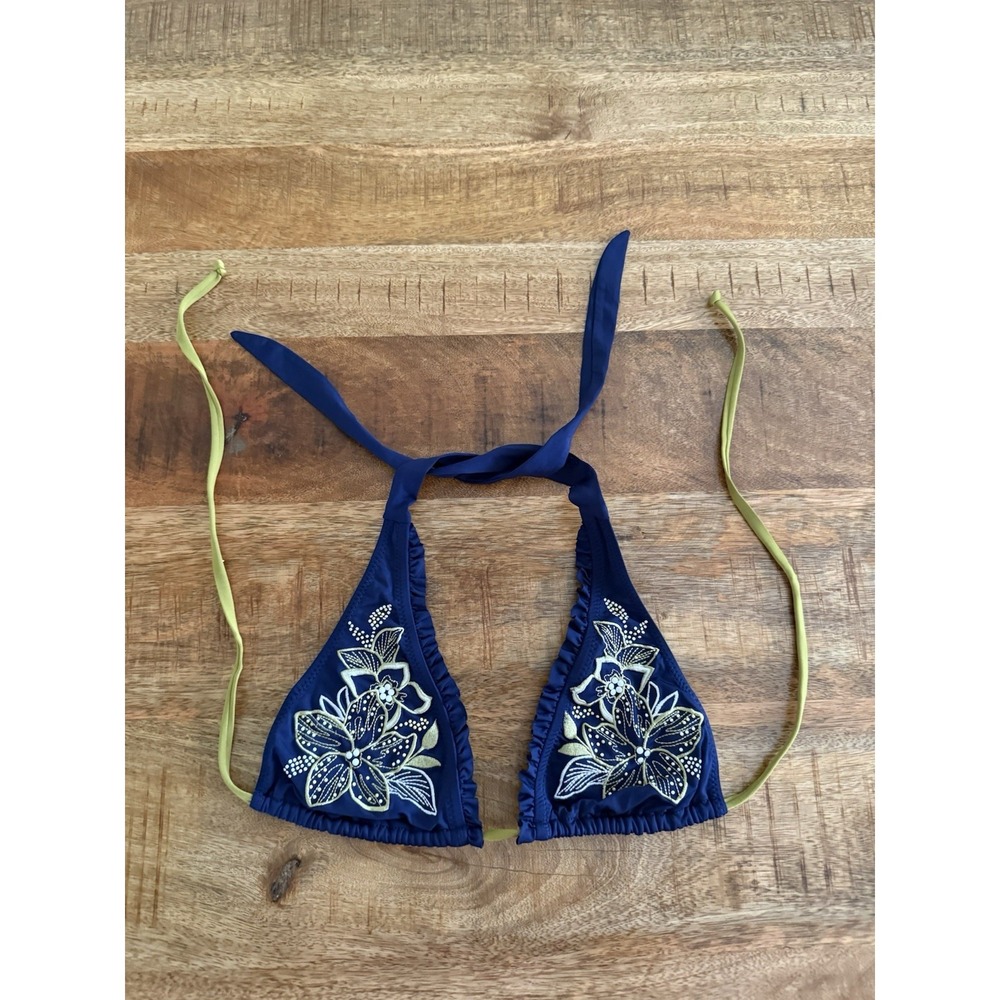 BECCA Rebecca Virtue Bikini Top Small Navy Floral Embroidered Halter Swim Top